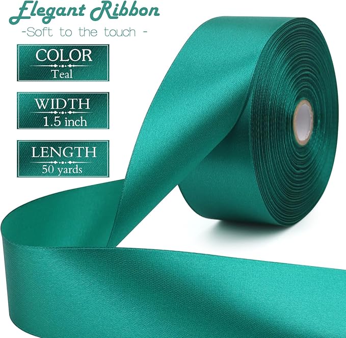 Teal Solid Satin Ribbon 1-1/2 Inch 50 Yards Solid Polyester Fabric Ribbon - Image 2