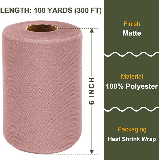 Dusty Rose Tulle Fabric Roll 6 Inch X 300 FT Matte Tulle Ribbon Netting Mesh - Image 2