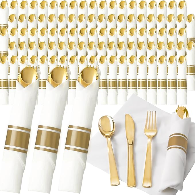 200Guests Pre Rolled Gold Plastic Silverware Sets by Joyido