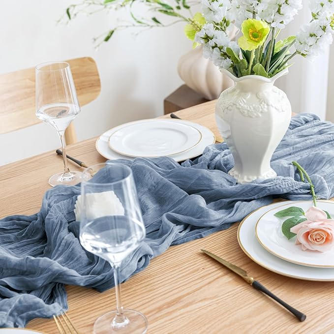 Asee'm 4pcs Cheesecloth Table Runner 120 Inches Long Dusty Blue Boho Gauze - Image 5