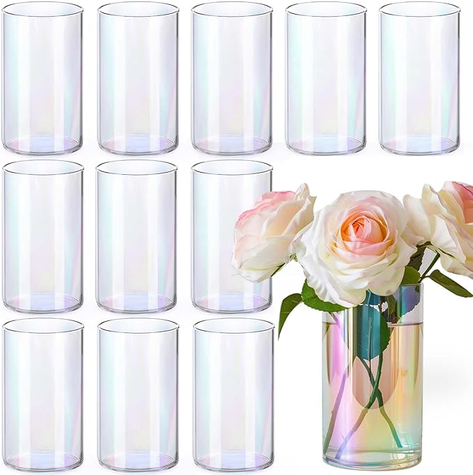12pc Glass Cylinder Bud Vases for Centerpieces, 6 inch Tall Irised Crystal by OGEH