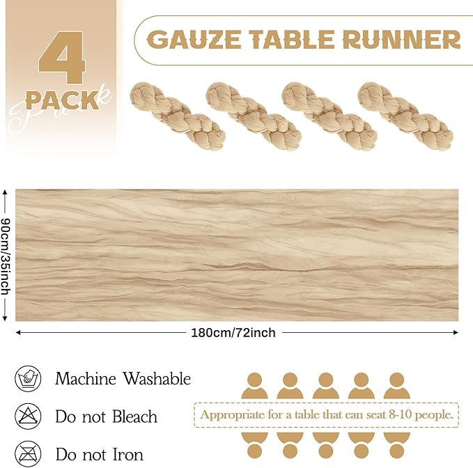 Aktor 4 Pack Beige Table Runner Boho Cheesecloth Table Runner Semi Sheer Gauze - Image 2