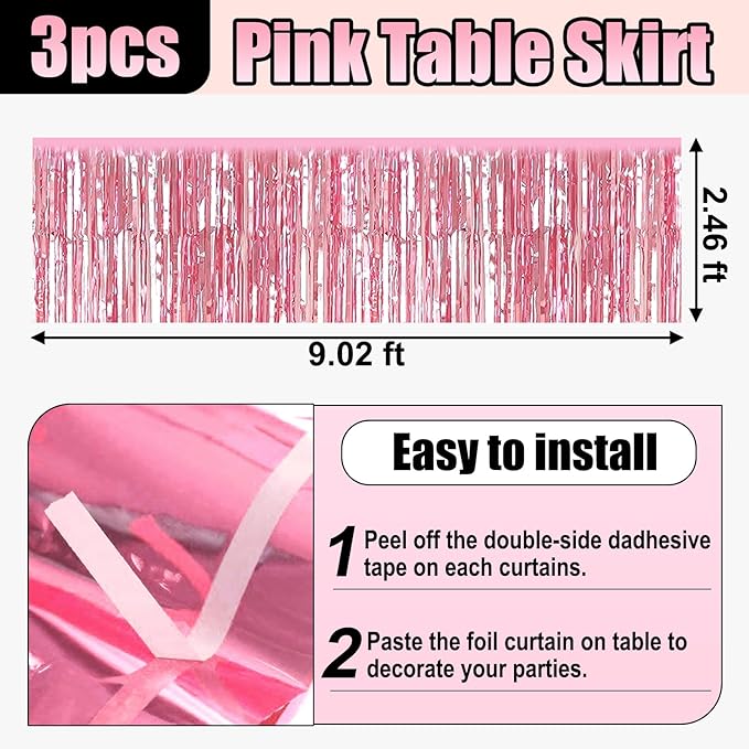 3 Pack 29x108 Inch Pink Foil Fringe Table Skirts Metallic Banner - Image 2