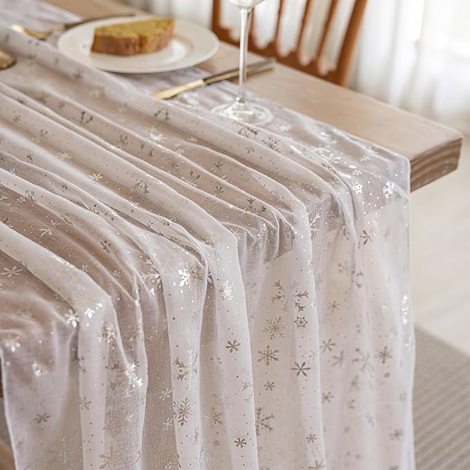 Silvery Snowflake Metallic Print Tulle Christmas Table Runner, Seasonal Winter - Image 5