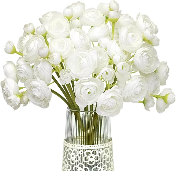 Letjolt Ranunculus Artificial Flower White Silk Flowers Faux DIY Bouquet by Letjolt