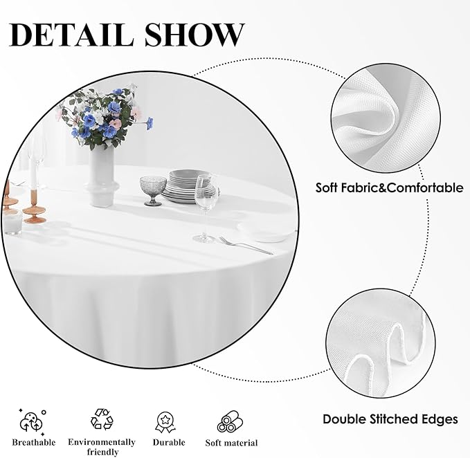 Round Tablecloth 2 Pack 90 Inch White Tablecloths Washable Decorative Linen - Image 4