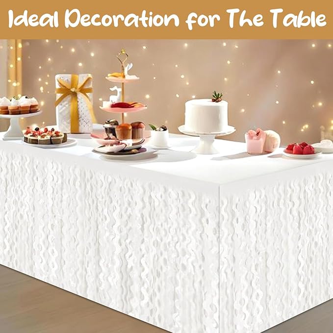 6 Pack 29 x108 Inch Macaron White Wave Foil Fringe Table Skirts Metallic Banner - Image 4