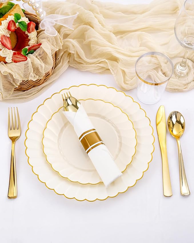 YOUBET 350PCS Ivory Scalloped Plastic Plates - Image 9