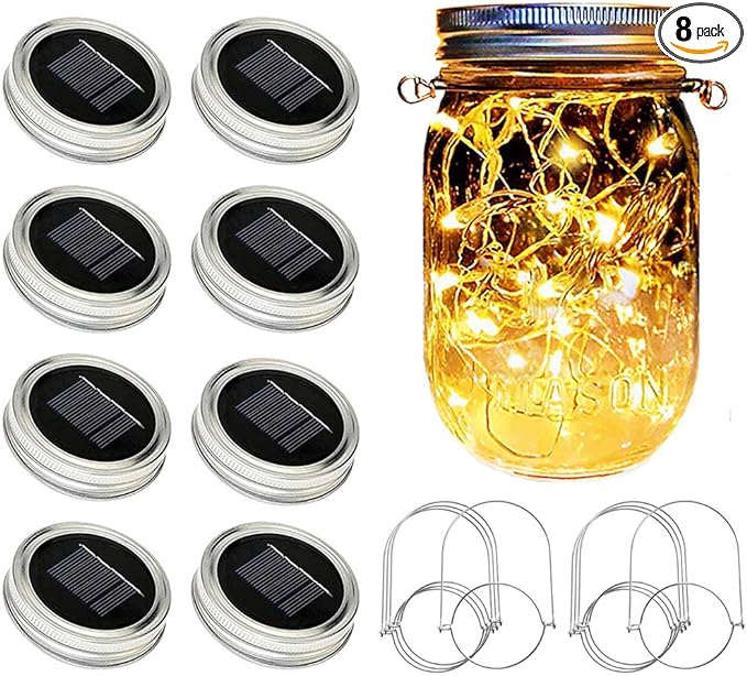 Solar Mason Jar Lights, 8 Pack 20 LED Waterproof Fairy Firefly Jar Lids String by SunKite