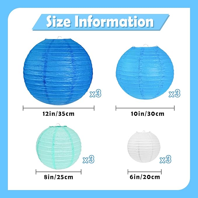 12Pcs Blue and White Paper Lanterns Assorted Sizes - Image 2