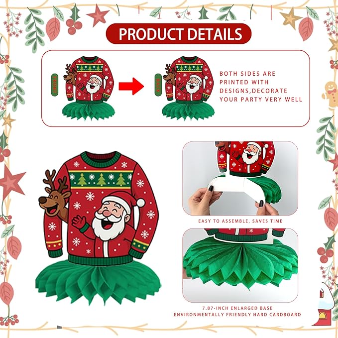 12Pcs Christmas Ugly Sweater Party Decorations Ugly Sweaters Honeycomb - Image 7