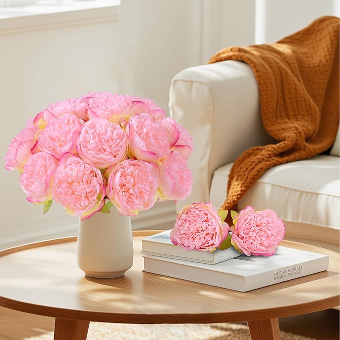U'Artlines 2 Bouquet 10 Heads Artificial Peony Silk Flower Leaf Home Office - Image 8