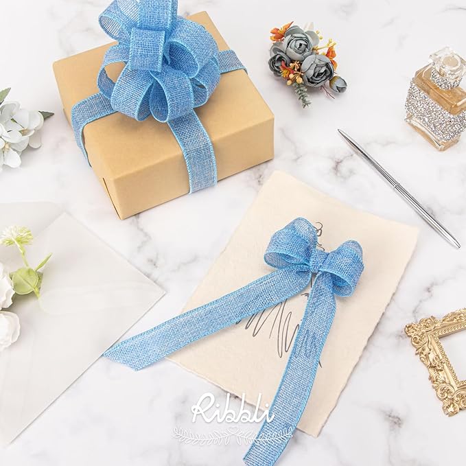 Ribbli Baby Blue Burlap Wired Ribbon, 1 Inch x Continuous 20 Yard, Wired Edge - Image 2