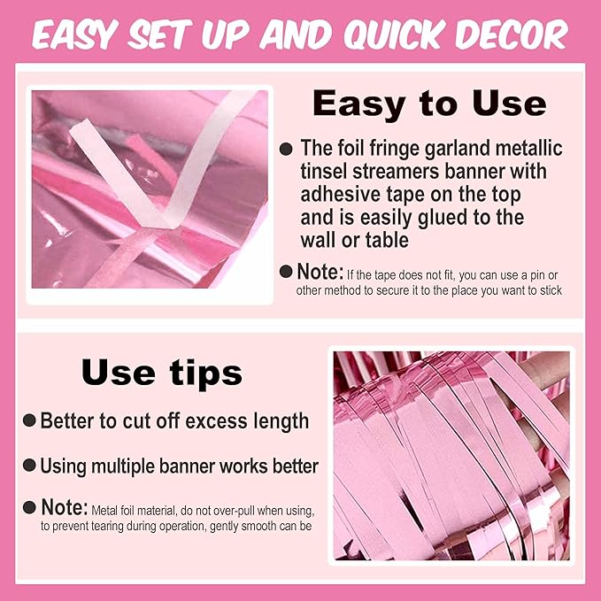 4 Pack 10 Ft Pink Foil Fringe Garland Metallic Streamers Tinsel Banner Wall - Image 3