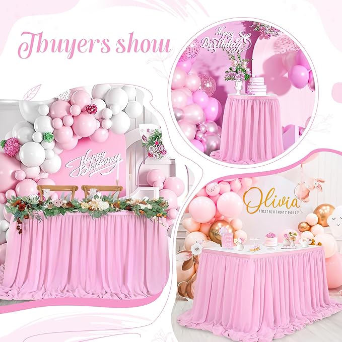 QueenDream Pink Chiffon Table Skirt 6ft Pink Table Cloth - Image 6
