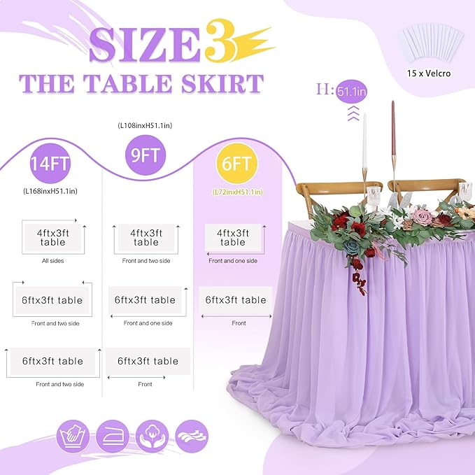 QueenDream Lavender Chiffon Table Skirt 6ft - Image 3