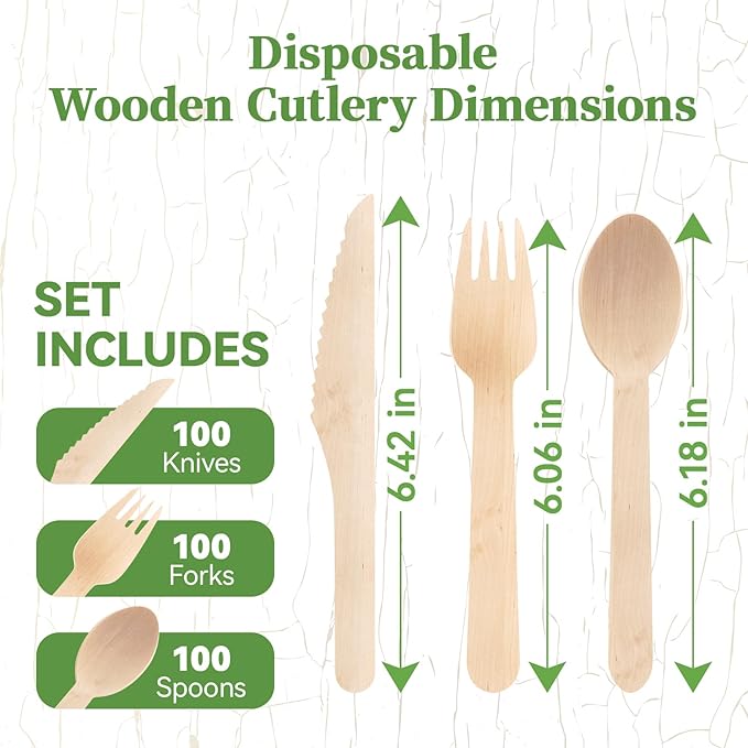 ECOLipak 300 Count Disposable Wooden Cutlery Set, 100 Knives, Forks and Spoons - Image 2