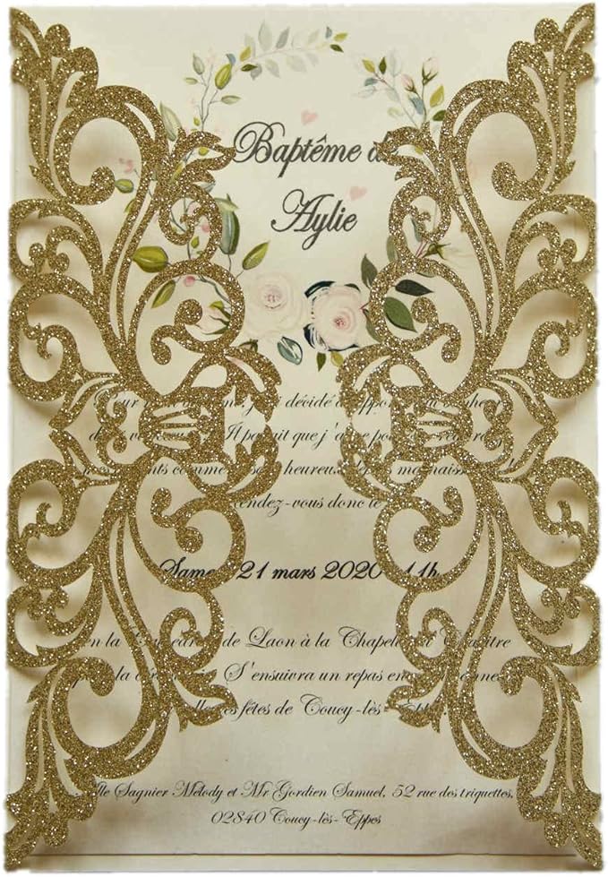 25PCS Champagne Gold Glitter Laser Cut Wedding Invitations Cards by Unknown
