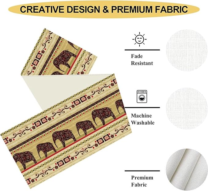 Boho Elephant Table Runner, Vintage Tribal Traditional Bohemian African Animals - Image 4