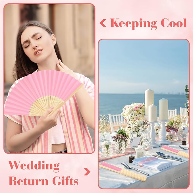 12 Pieces Pink Hand Held Bamboo Folding Fans Paper Fans Handheld - Image 5