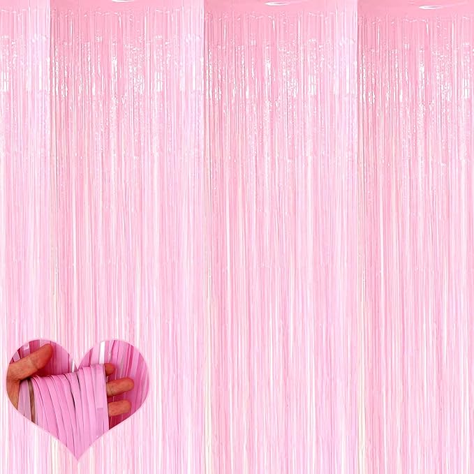 4 Pack Fringe Curtain Backdrop, 3.2Ft x 6.6Ft Pink Metallic Tinsel Foil Fringe by Mebiornt