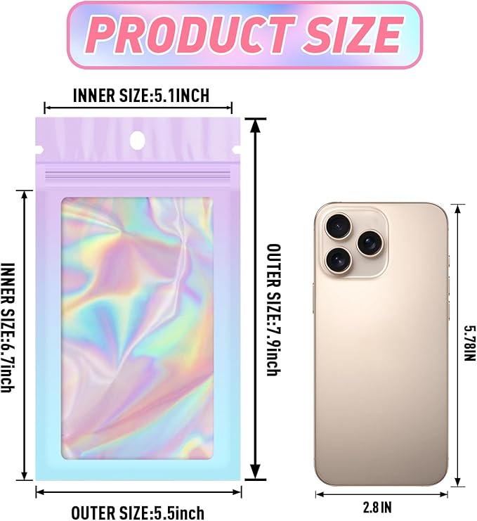 Funfery 100 Pack Gradient Holographic Bags, Mylar Resealable Bag - Image 2