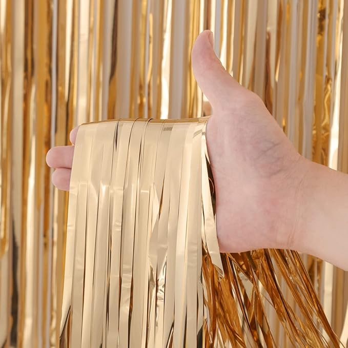2 Pack Champagne Foil Fringe Backdrop Curtains, Tinsel Streamers Birthday Party - Image 2