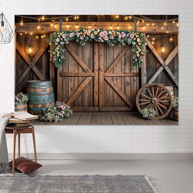 9x6ft Country Wedding Photography Backdrop Rustic Barn Door Photography - Image 7