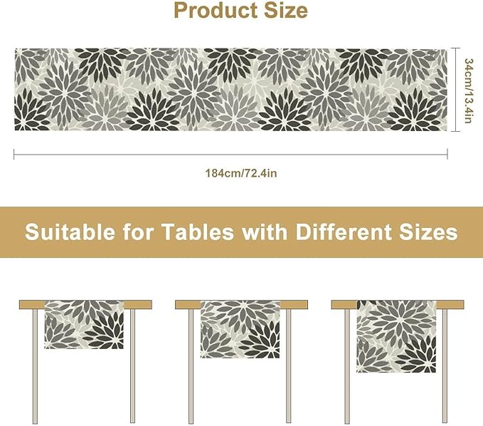 Gray Dahlia Flower Table Runner, Vintage Modern Linen Geometric Pattern Floral - Image 3