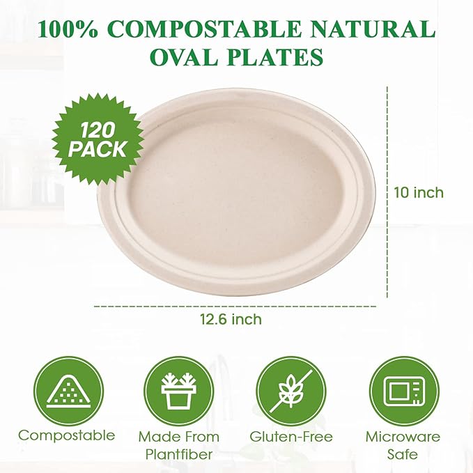 Vplus 100% Compostable Oval Paper Plates 12 inch 120 Pack Super Strong - Image 5