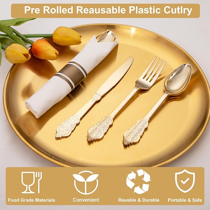 400PCS Pre Rolled Gold Plastic Silverware Sets - Image 7