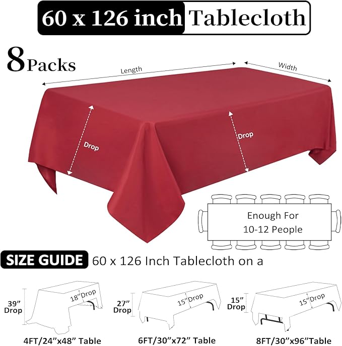 CozRhythm 8 Pack Red Tablecloth 60 x 126 Inch Rectangular Tablecloths - Image 2