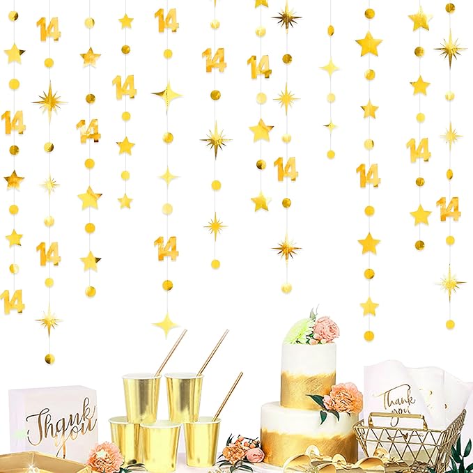 Gold 14th Birthday Decorations Number 14 Circle Dot Star Garland Metallic - Image 3