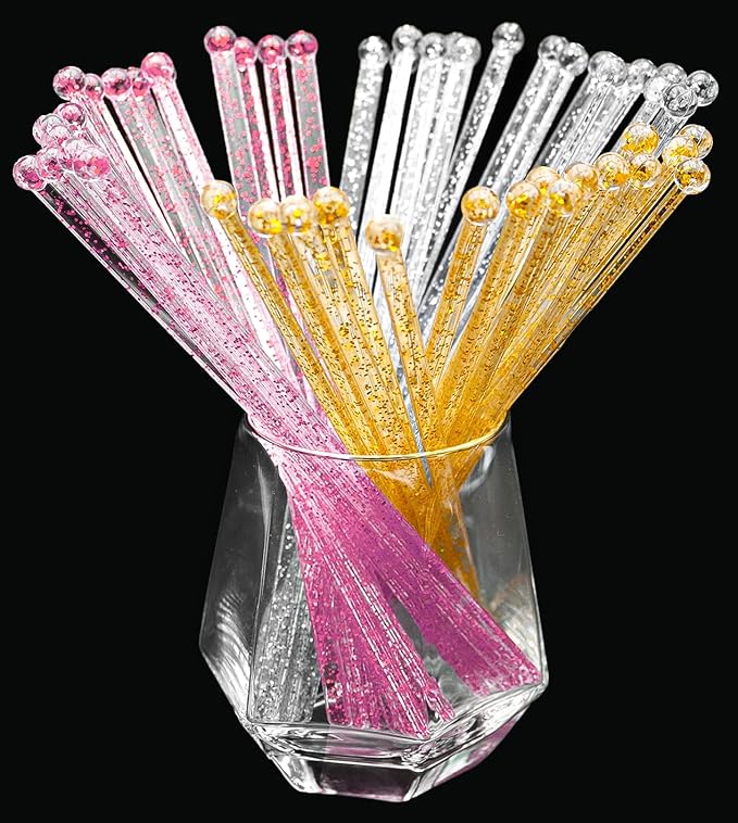 100-PCS Gold Pink Silver Glitter Plastic Swizzle Sticks, Crystal Cake Pops by hapray