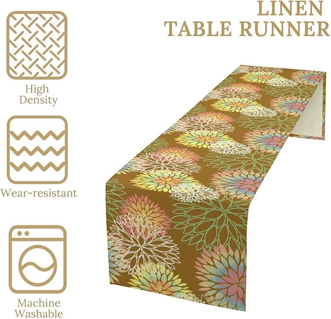 Brown Grey Dahlia Flower Table Runner, Linen Geometric Pattern Floral Table - Image 6