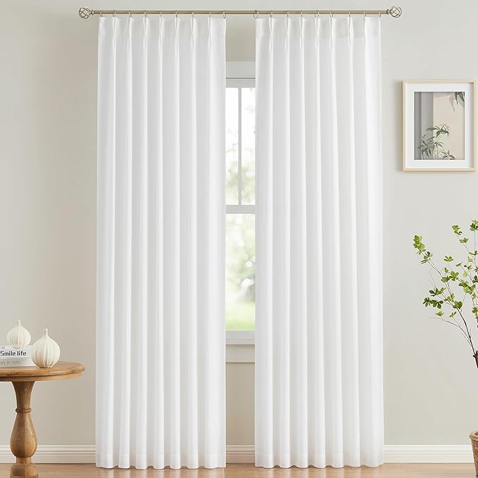 Vision Home White Pinch Pleated Semi Sheer Curtains Textured Light Filtering by VisionHome
