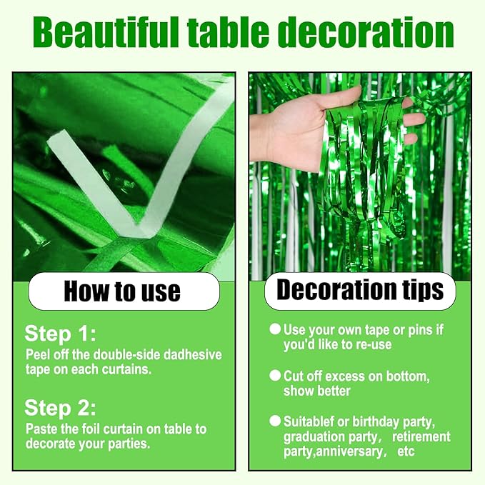 3 Pack 29 x108 Inch Green Foil Fringe Table Skirts Metallic Banner - Image 3