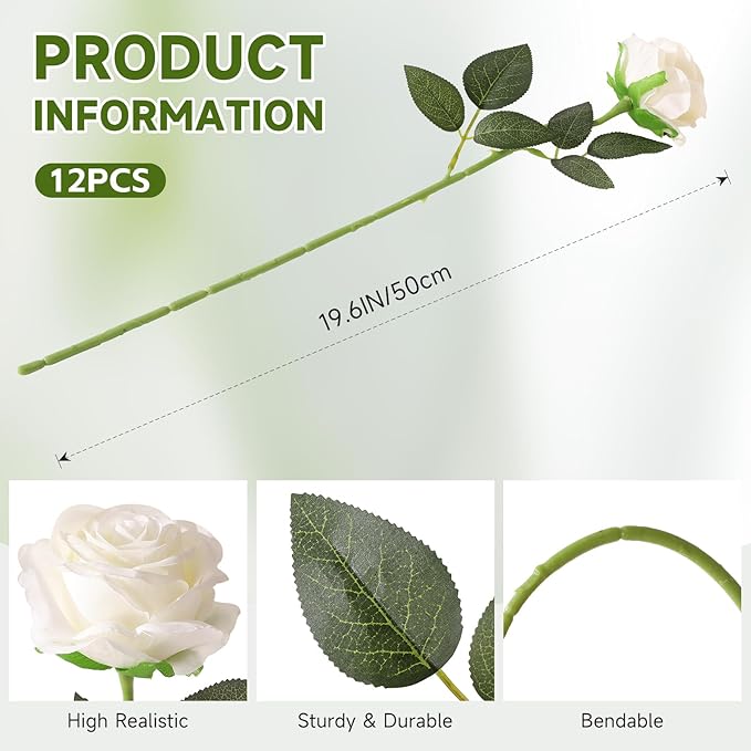 Tifuly White Roses Artificial Flowers -12 pcs Realistic Single Long Stem Fake - Image 2