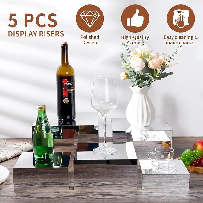 Acrylic Risers for Display 5 Pcs, Food Risers for Party Silver Acrylic Risers - Image 2