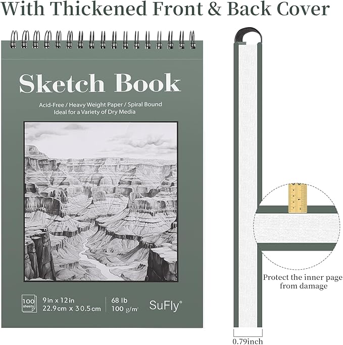 SuFly 9"x12" Drawing Paper, 100 Sheets Each, Top Spiral Sketch Pad, 68lb/100gsm - Image 2