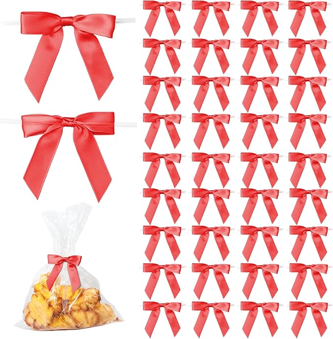 50Pcs Red Twist Tie Bows for Gift Wrapping 2.5" Satin Ribbon Bow for Treat Bags by TULOBI