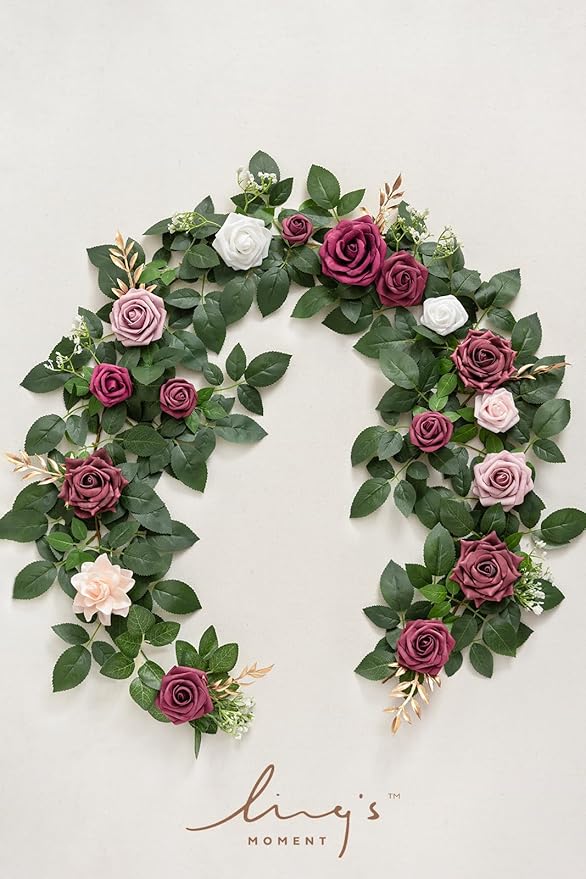 Ling's moment 5FT Burgundy Artificial Flower Garland Dusty Rose Leaves Floral - Image 6