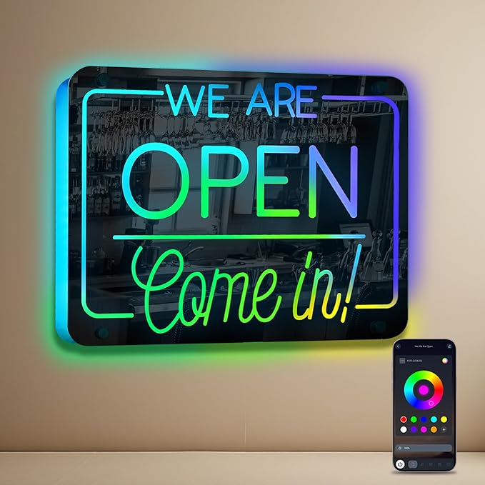 Ineonlife Open Neon Sign Come In We Are Open Mirrored Colorful LED lights by ineonlife