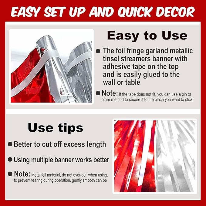4 Pack 10 Ft Red and Silver Foil Fringe Garland Metallic Streamers Tinsel - Image 3