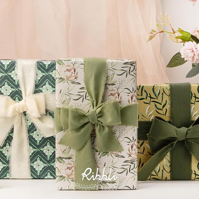 Ribbli 3 Rolls Green Ribbon 1.5 Inch x 18Yards Ivory Sage Moss Handmade Cotton - Image 5