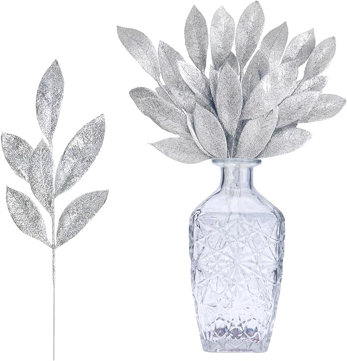 GREENTIME 12 Pack Artificial Silver Glitter Leaves 13" Fake Christmas Picks by Greentime