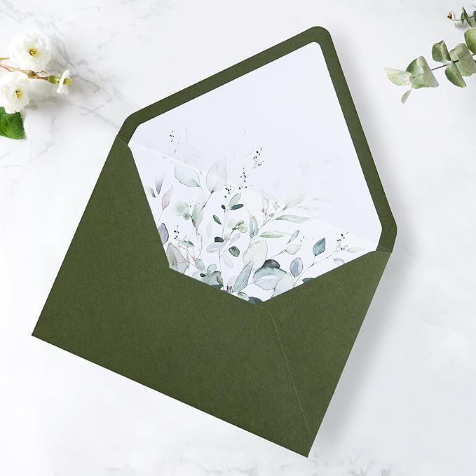 PONATIA 50PCS A7 Euro Flap Envelope, 5.25 x 7.25'' Olive Green Flowers Liner - Image 8