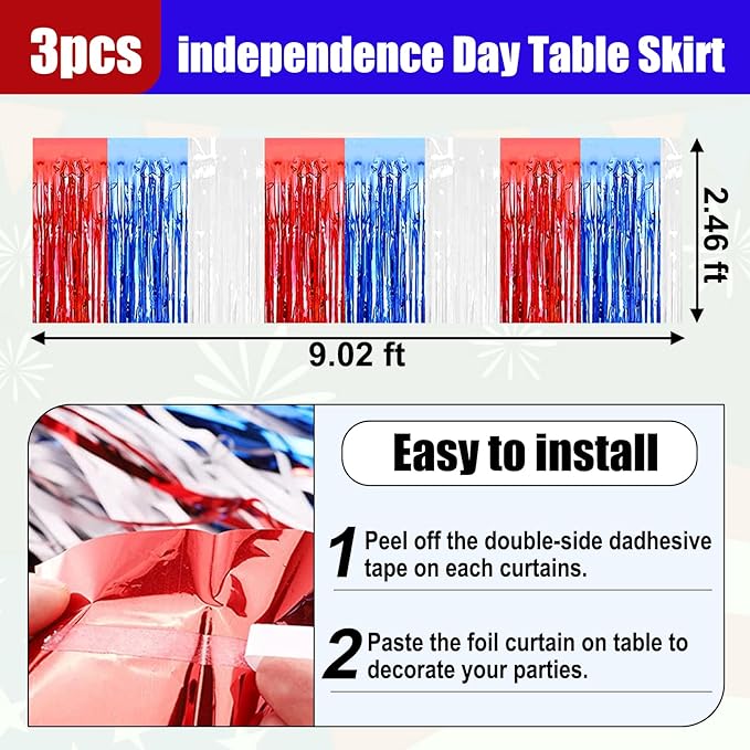 3 Pack 29x108 Inch White Blue Red Foil Fringe Table Skirts Metallic Banner - Image 2