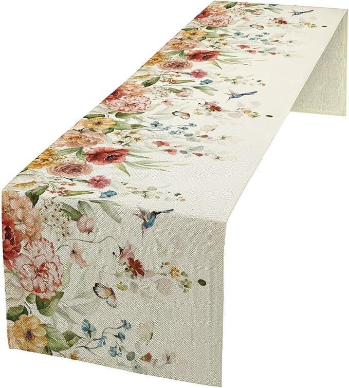 Rustic Floral Table Runner, Watercolor Flower Leaves Hummingbird Butterfly by Unknown