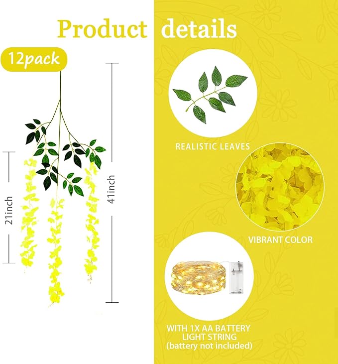 12 Pack Yellow Wisteria Hanging Flowers Garland - Image 2